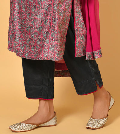 Bougainvillea Pink printed velvet Kurta Pant Dupatta set