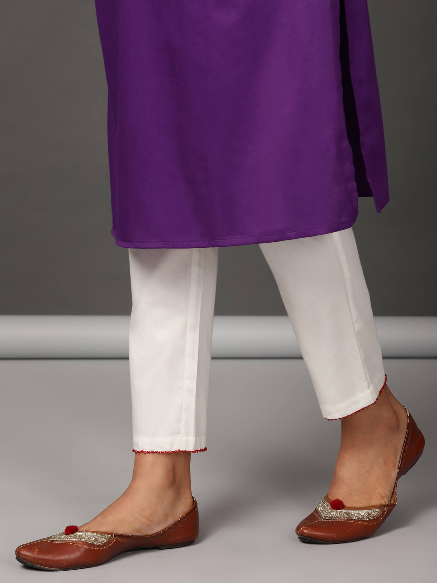Purple Kurta, White Pants & Leheriya Dupatta Set