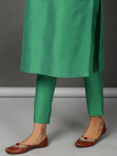Green Art Silk Kurta, Pants & Dupatta Set