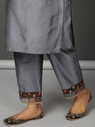 Grey Art Silk Kurta, Pants & Organza Dupatta Set