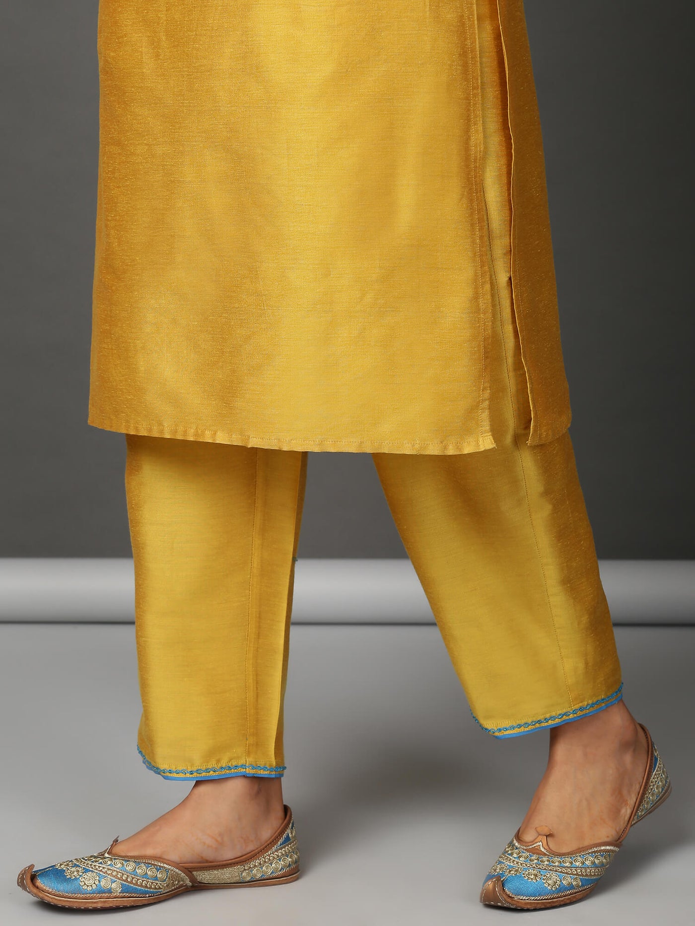 Mustard Art Silk Kurta, Pants & Leheriya Dupatta Set