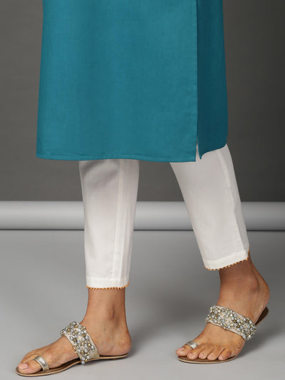 Teal Kurta, White Pants & Leheriya Dupatta Set