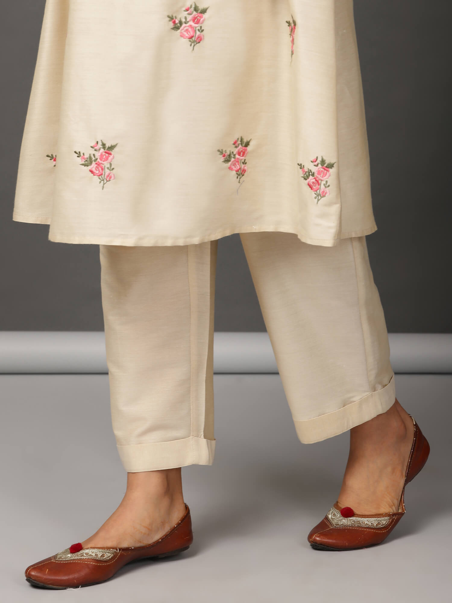 Ivory Beige Floral Embroidered Art Silk Kurta Set
