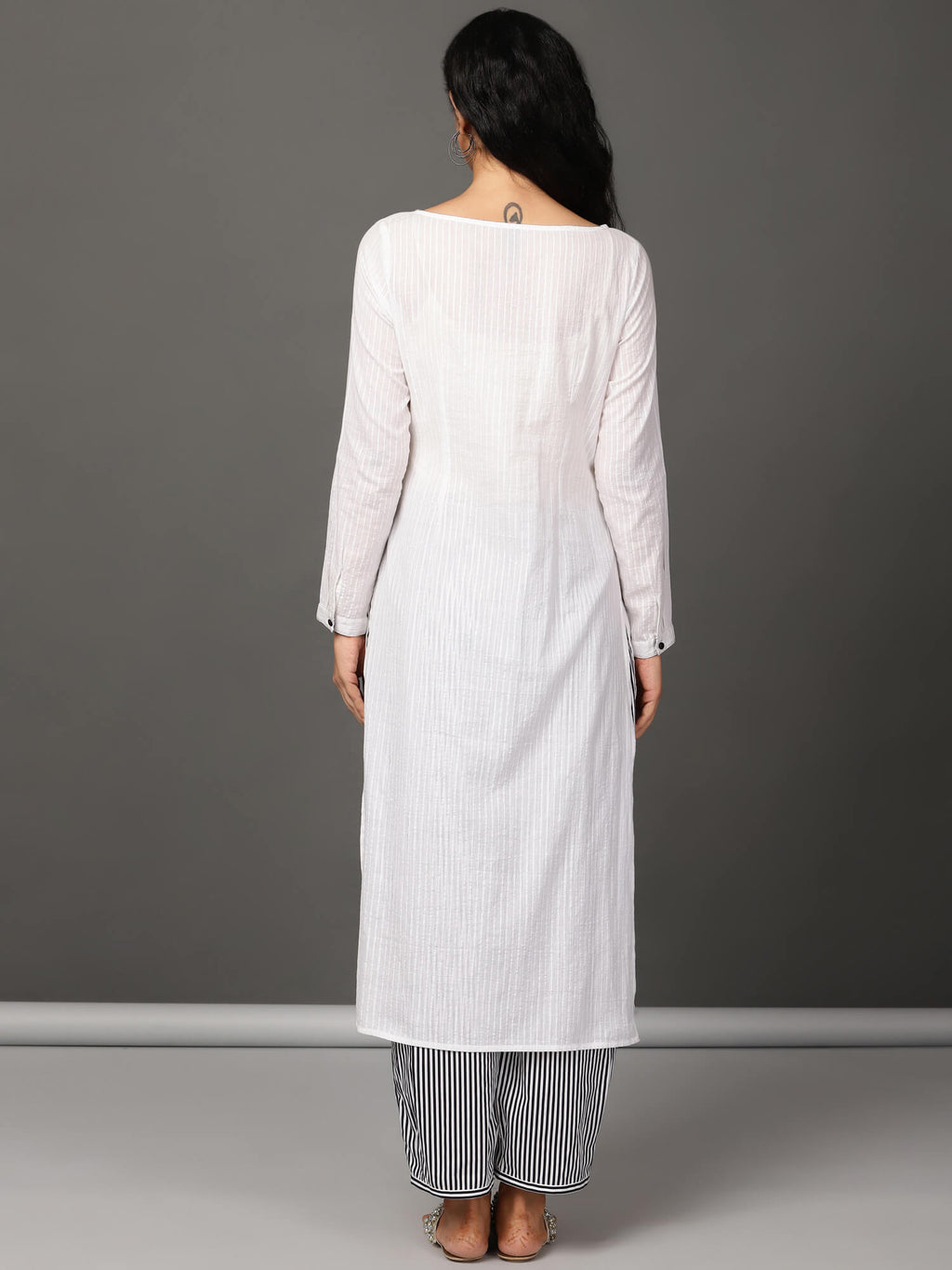 White Pleated Kurta, Pants & Jacket Set