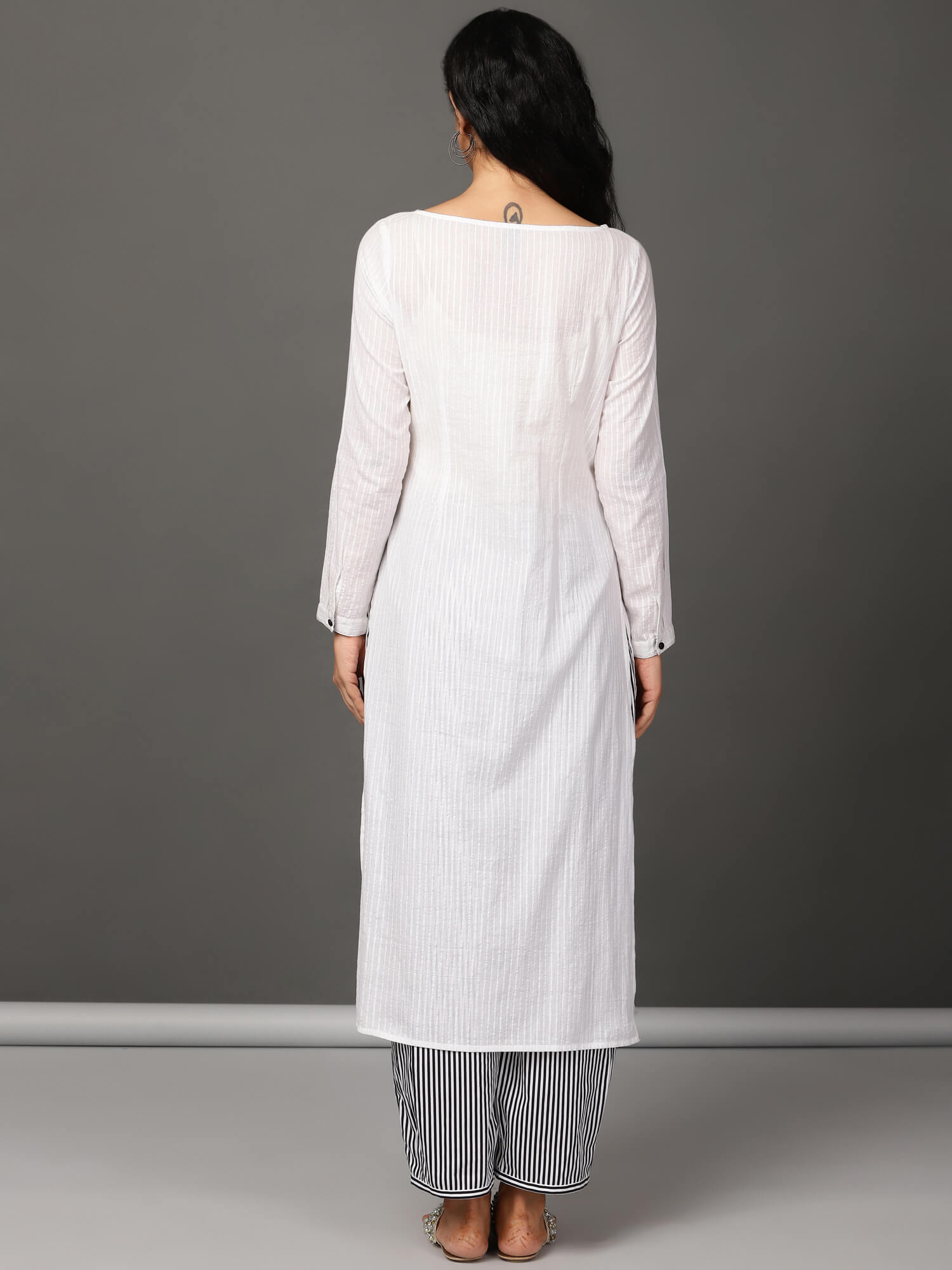 White Pleated Kurta, Pants & Jacket Set