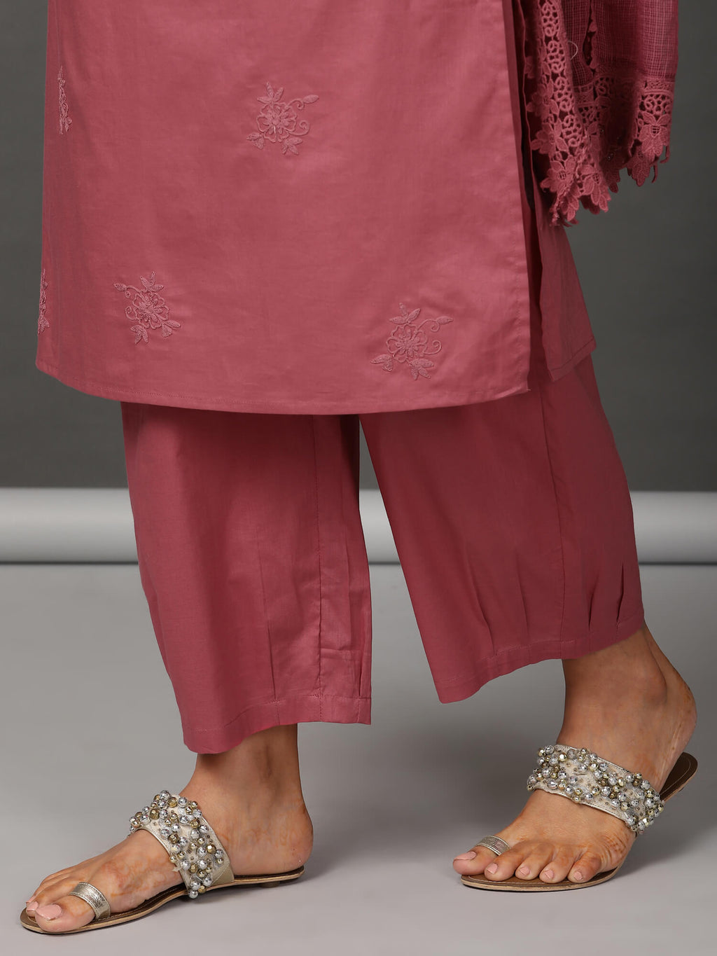 Pink Cotton Kurta, Pants & Dupatta Set