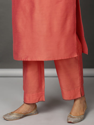 Peach Art Silk Suit Kurta, Pants & Dupatta Set