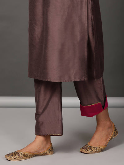 Brown Art Silk Kurta, Pants & Dupatta Set