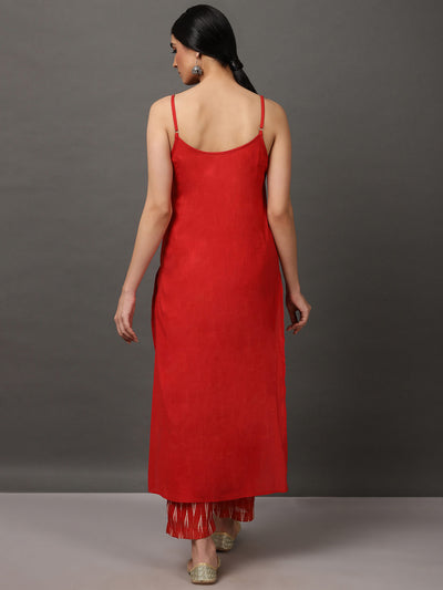 Maroon Ikat A Line Kurta And Pant With Dupatta & Camisole