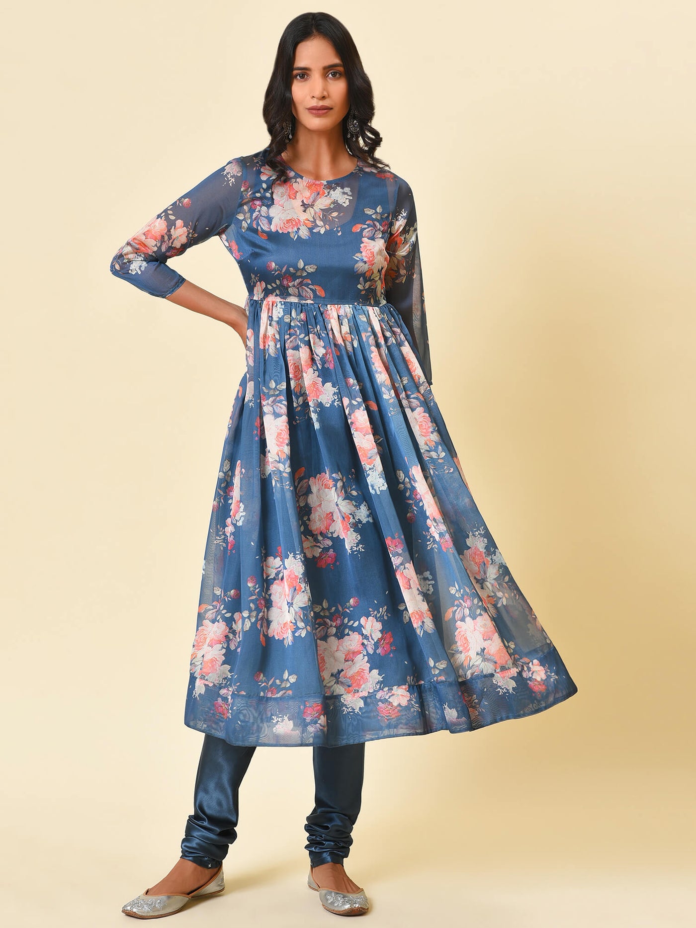 Printed Chanderi Kurta & Mirror work Jacket