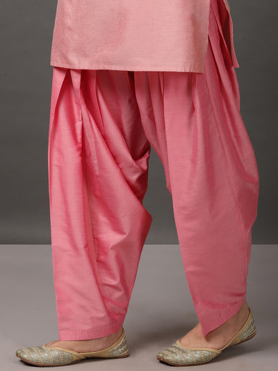Light Pink Art Silk Short Kurta With Salwar & Dupatta