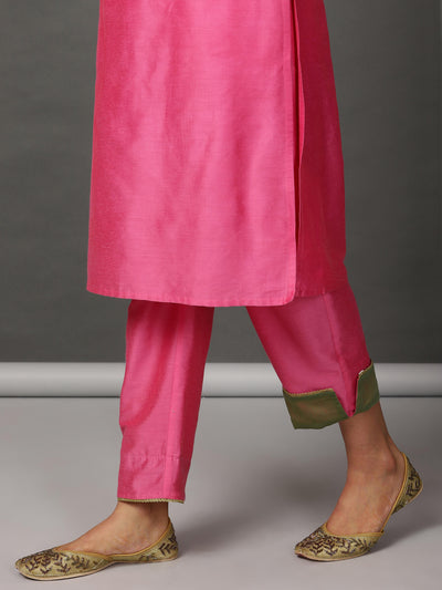 Pink Art Silk Kurta with pants and Olive Chanderi dupatta.