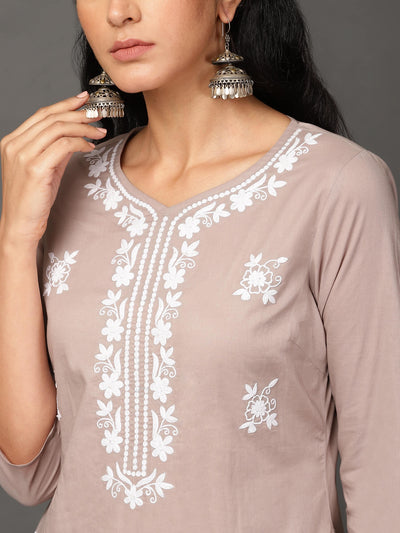 Grey Cotton Kurta, Pants & Dupatta Set