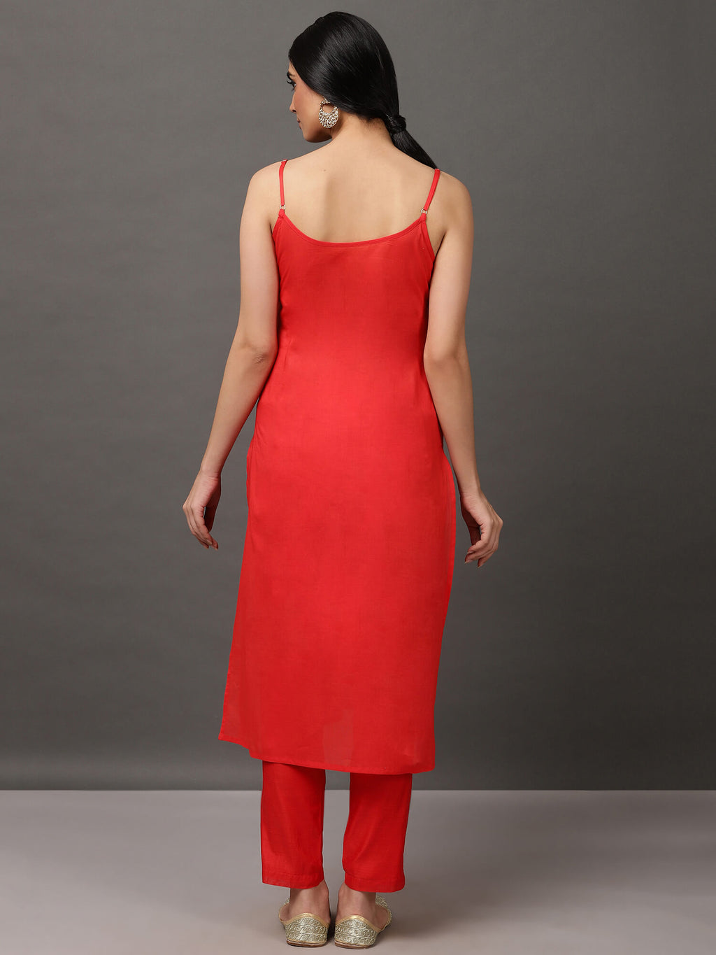 Red Solid Kalidar Kurta And Pant With Dupatta & Camisole