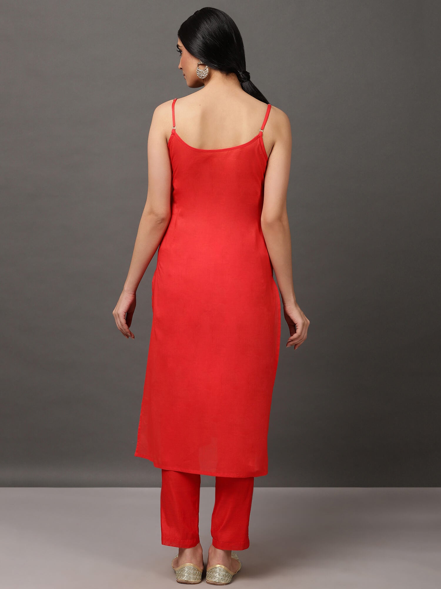 Red Solid Kalidar Kurta And Pant With Dupatta & Camisole