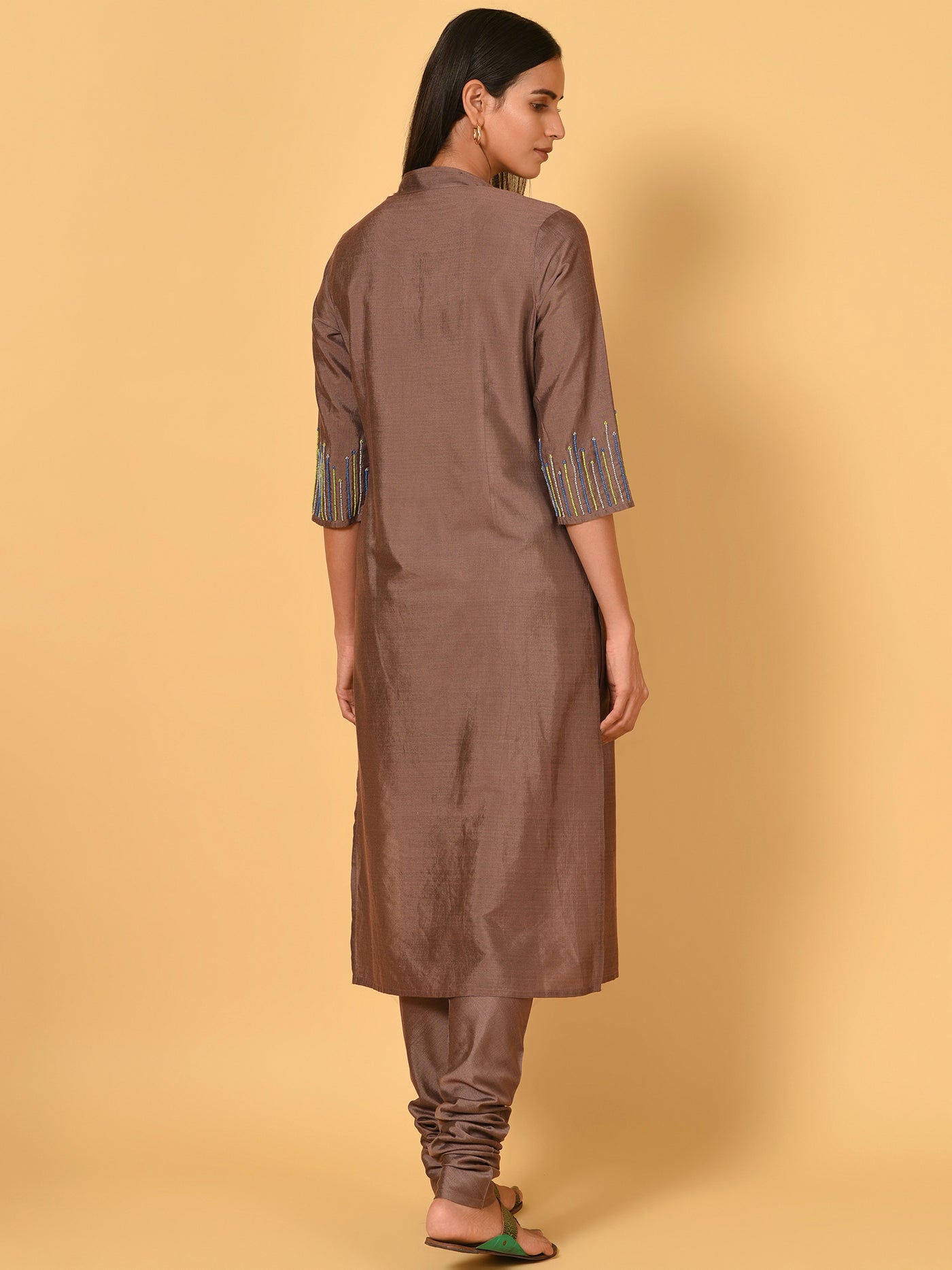 Classy straight Brown and Green Kurta churidar and jacket set