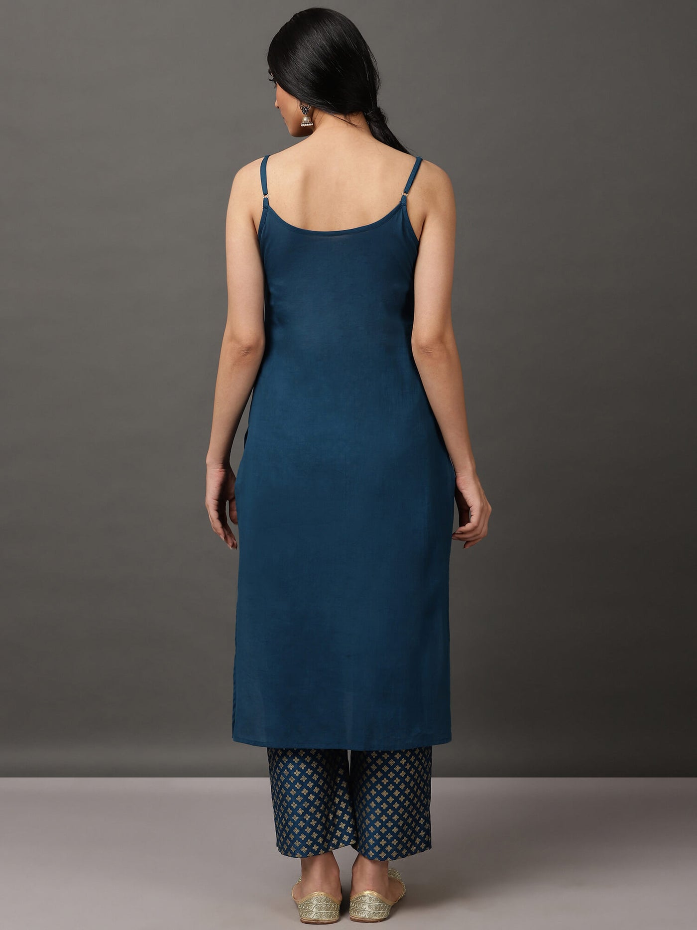 Midnight Blue Gold Block Print Kurta And Pant With Camisole