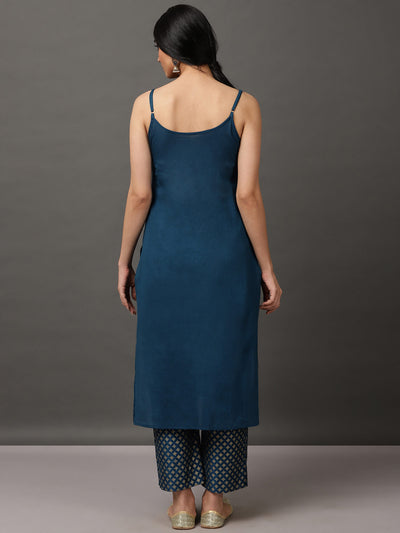Midnight Blue Gold Block Print Kurta And Pant With Camisole