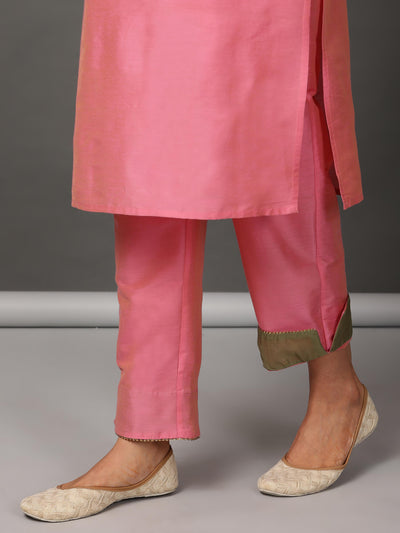 Pink Art Silk Kurta, Pants & Dupatta Set