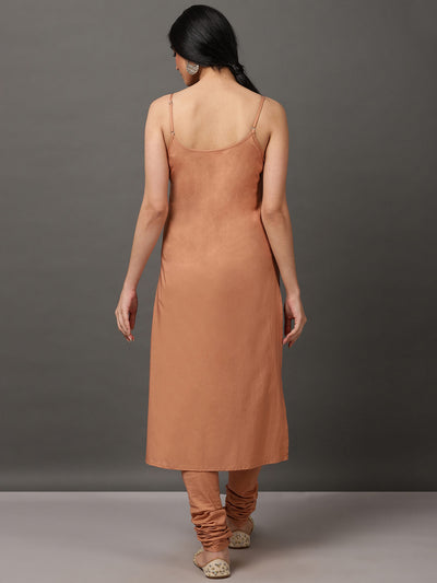Beige Kalidaar Kurta With Churidar & Inner With Dupatta