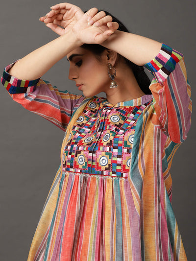 Multi-Color Stripe Chanderi Kurta And Pant With Camisole