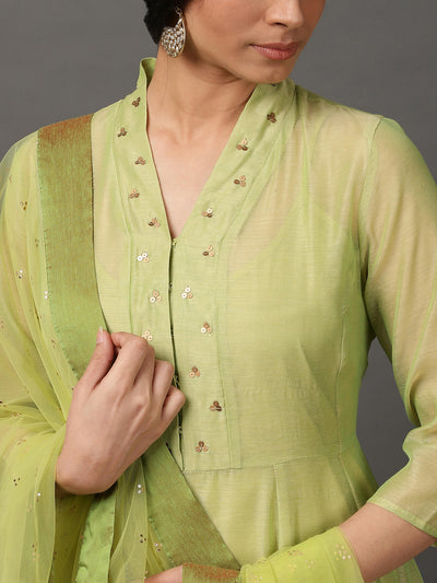 Lime Green Solid Kalidar Chanderi Kurta And Pant With Dupatta & camisole