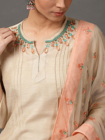 Beige Ecru Chanderi Kurta And Pant With Dupatta & Camisole