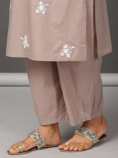 Grey Cotton Kurta, Pants & Dupatta Set