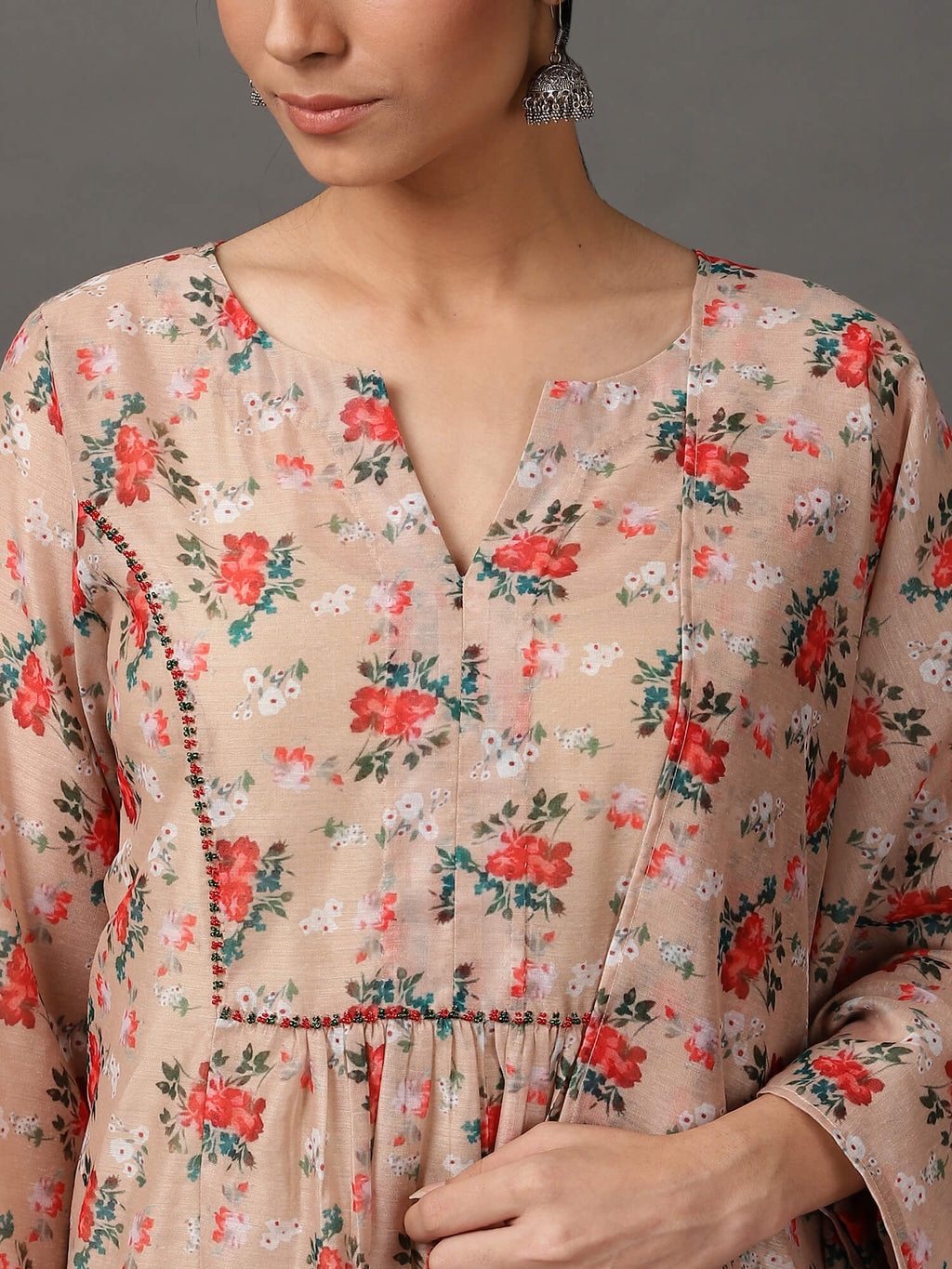 Beige Ditsy Print Chanderi Kurta Set with Dupatta