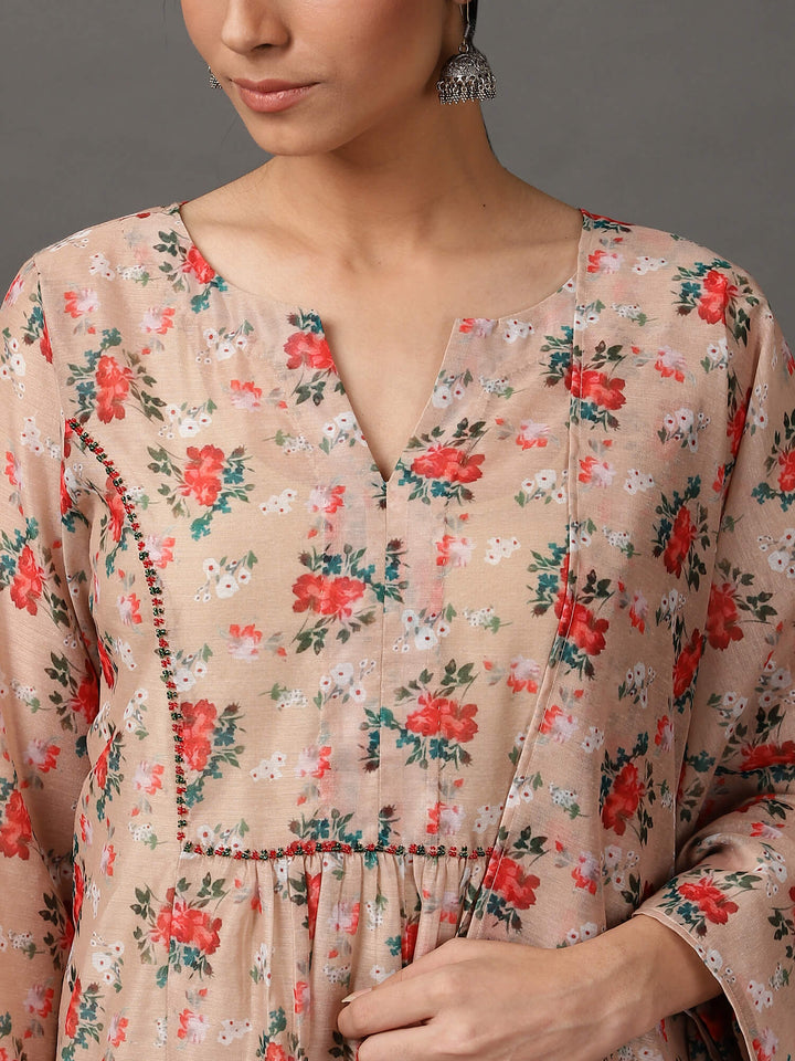 Beige Ditsy Print Chanderi Kurta Set with Dupatta