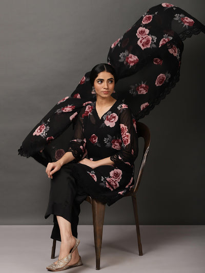 Black Short Floral Georgette Kurta And Pant With Dupatta & Camisole