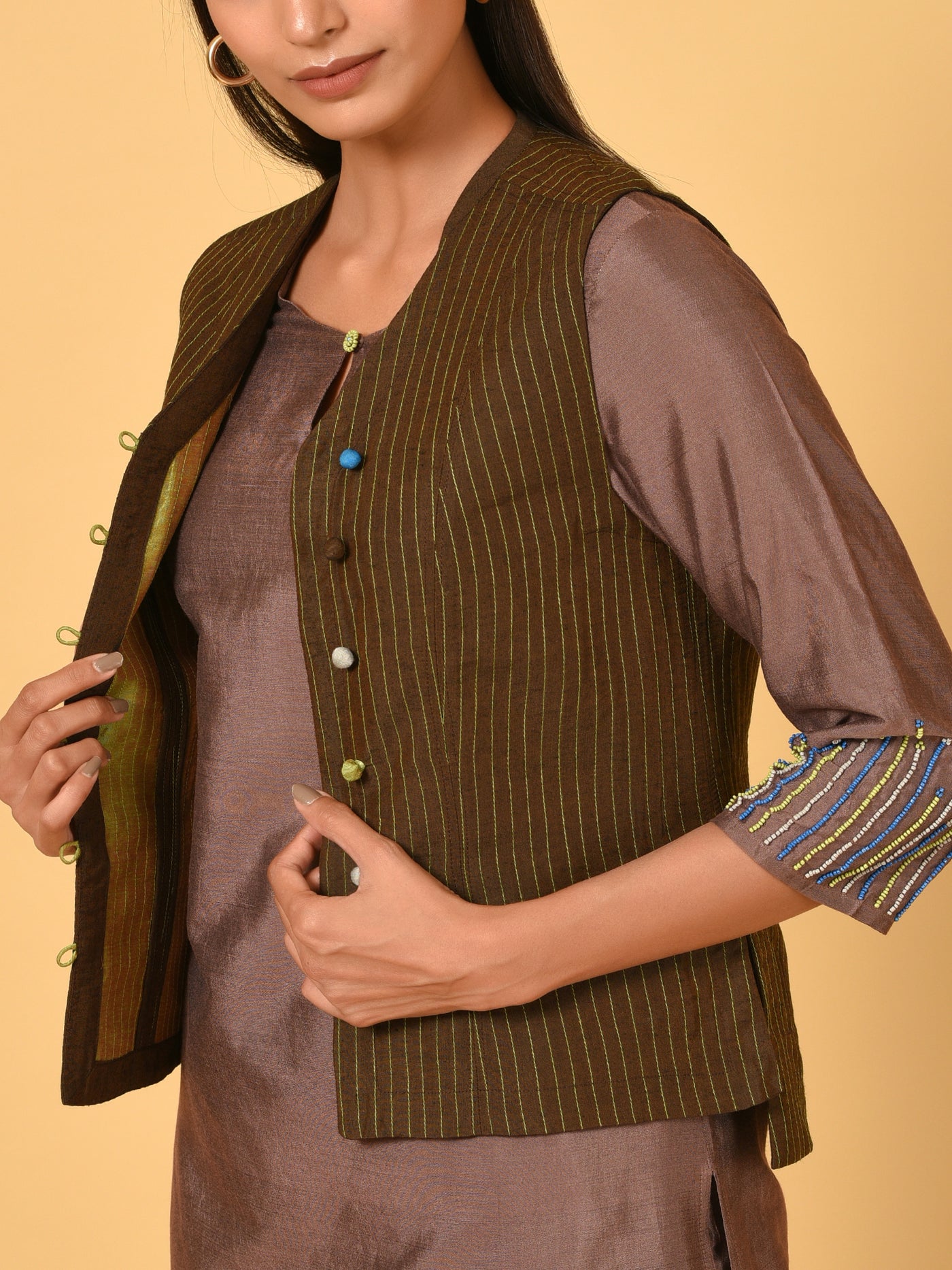 Classy straight Brown and Green Kurta churidar and jacket set