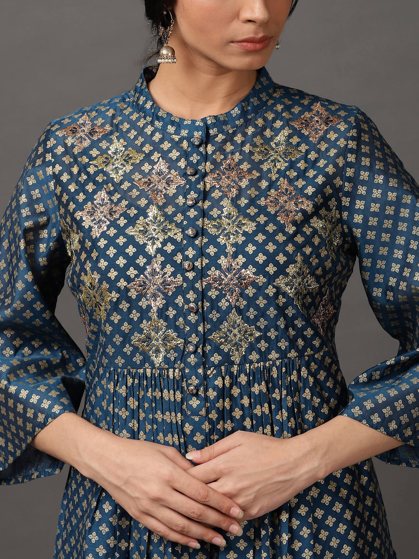 Midnight Blue Gold Block Print Kurta And Pant With Camisole