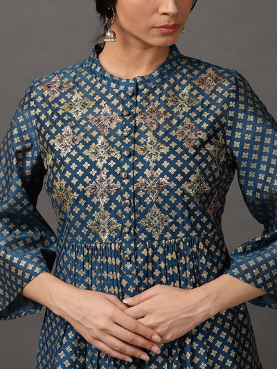 Midnight Blue Gold Block Print Kurta And Pant With Camisole