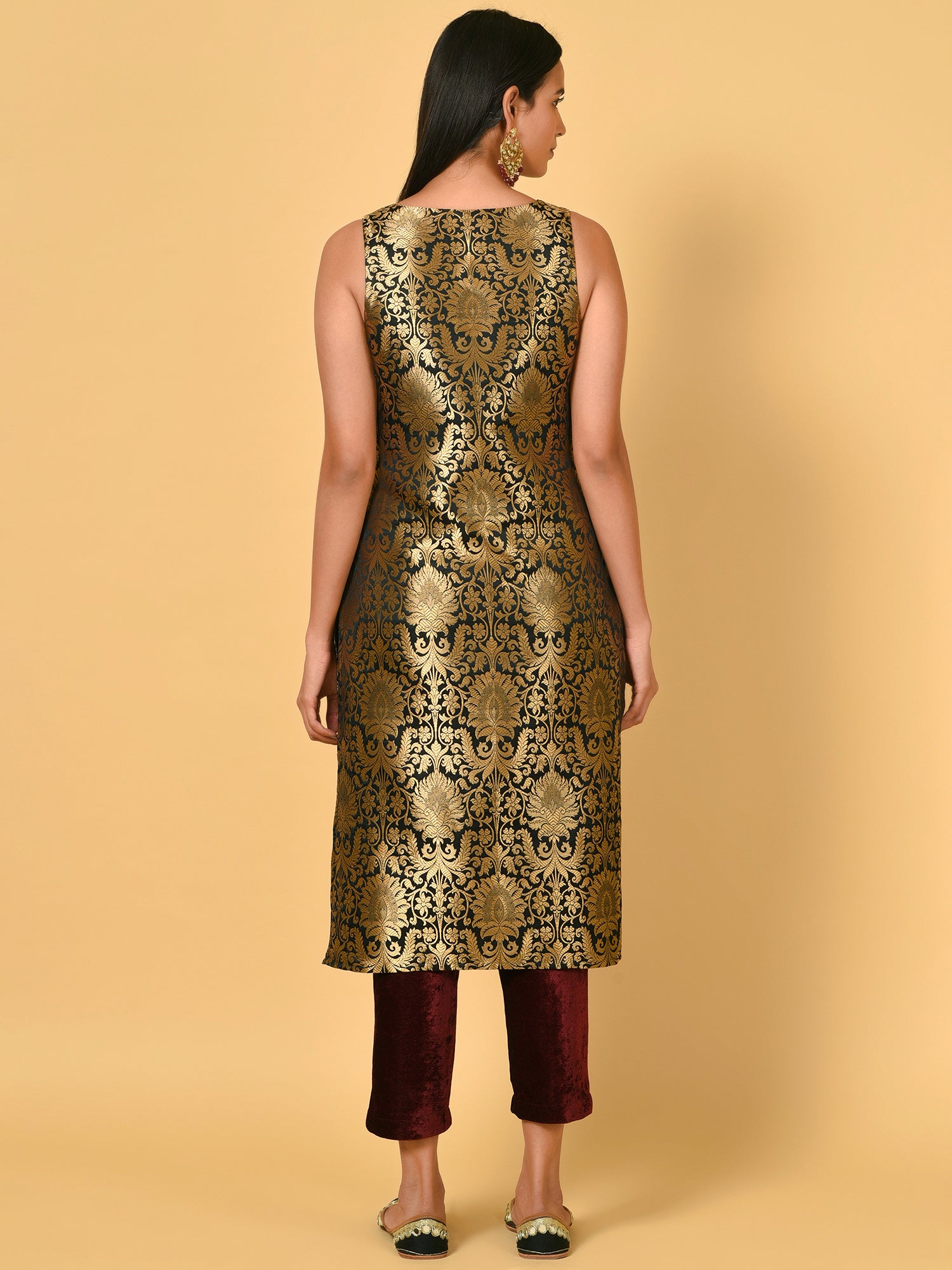 Vivid Black and Gold Kurta Pant and blazer set