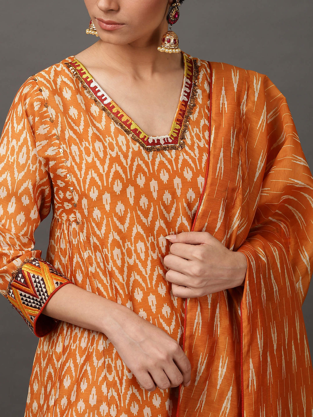 Mustard Ikat A Line Kurta And Pant With Dupatta & Camisole