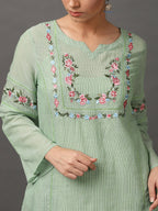 Green Yarn Dyed Kurta & Printed Pant With Inner
