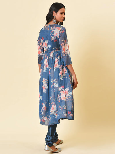 Printed Chanderi Kurta & Mirror work Jacket