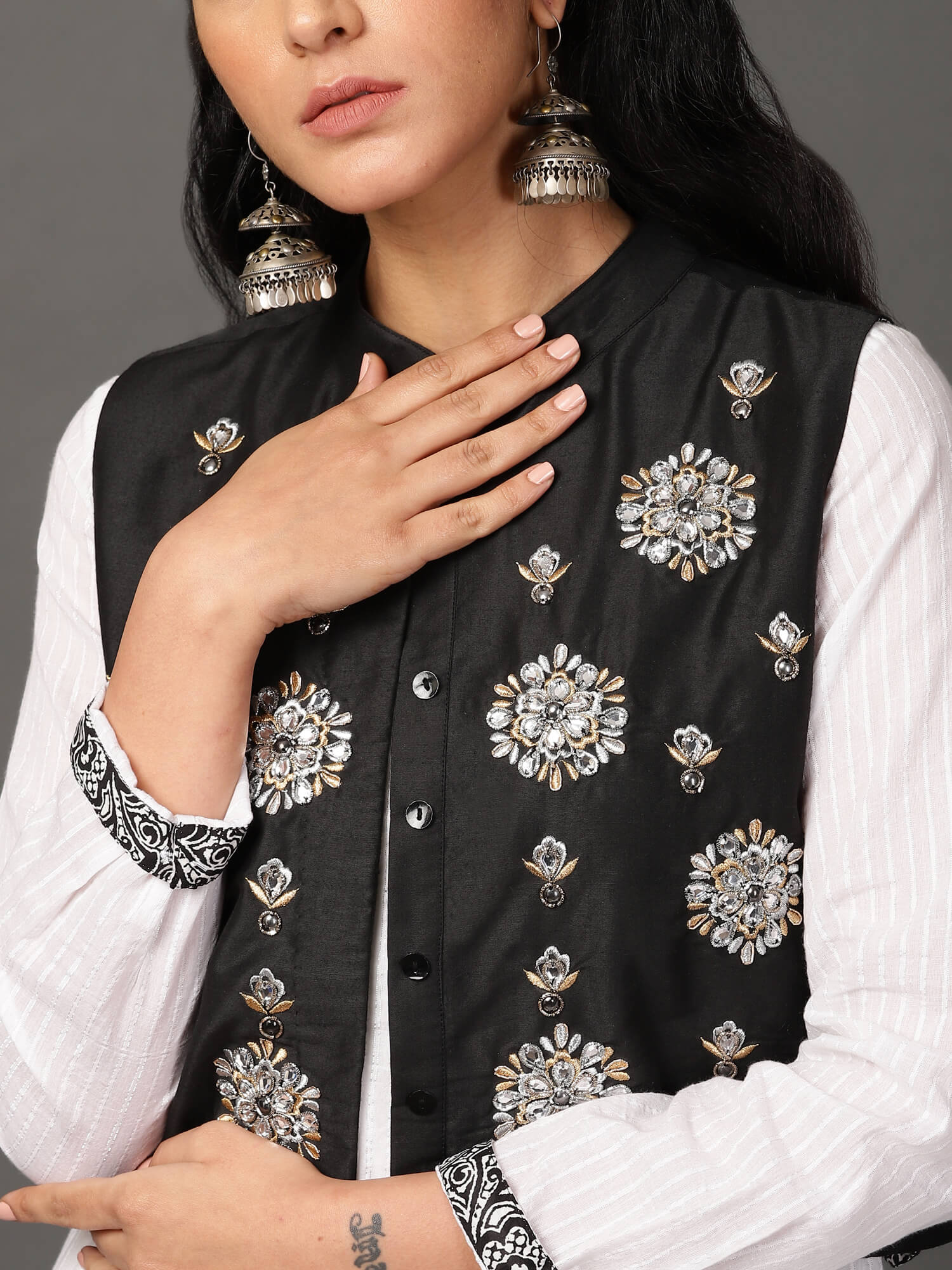 White Pleated Kurta, Pants & Jacket Set