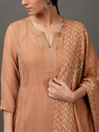 Beige Kalidaar Kurta With Churidar & Inner With Dupatta