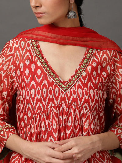 Maroon Ikat A Line Kurta And Pant With Dupatta & Camisole