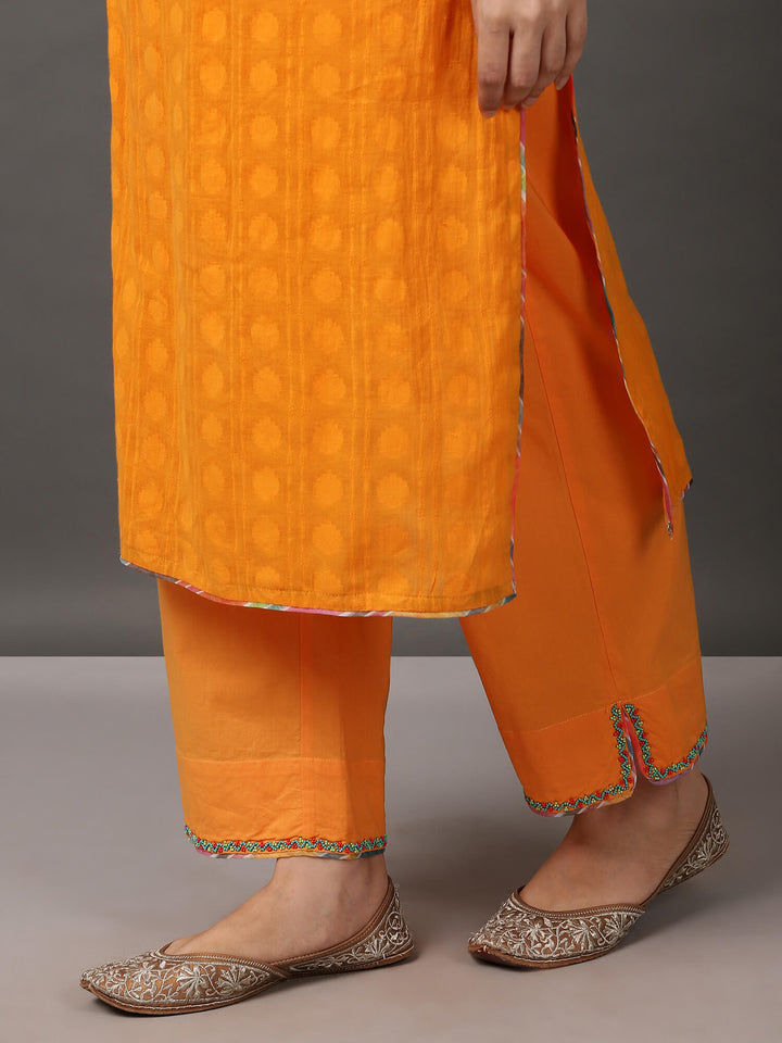 Orange Jacquard Kurta & Pant With Hand Embroidery