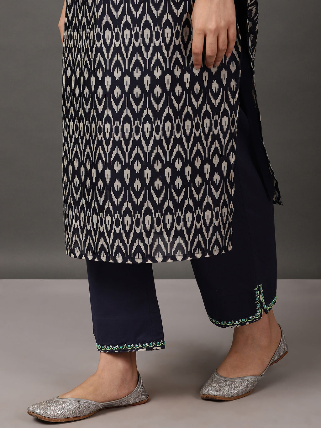 Deep Blue & Turquoise Ikat Kurta And Pant With Dupatta & Camisole