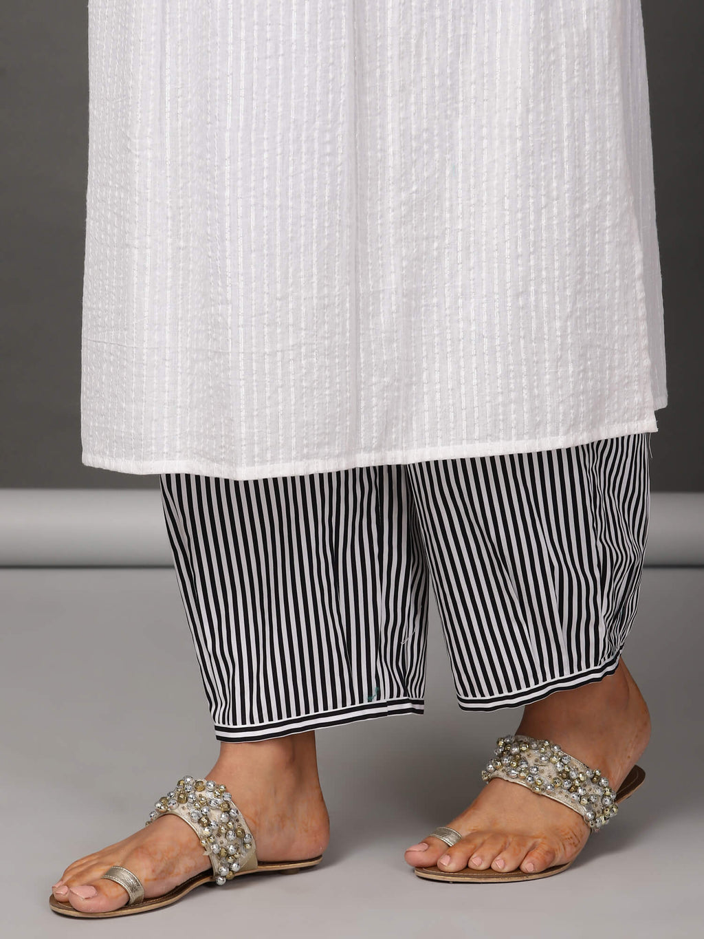White Pleated Kurta, Pants & Jacket Set
