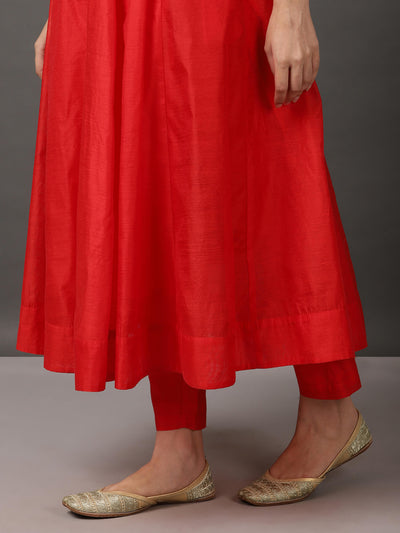 Red Solid Kalidar Kurta And Pant With Dupatta & Camisole