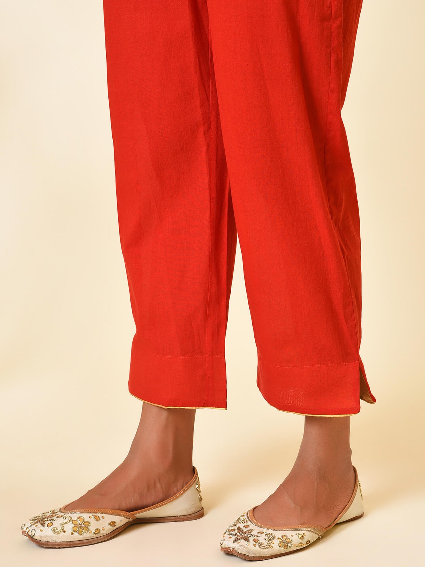 Radiant red and gold cotton kurta and pant with georgette dupatta