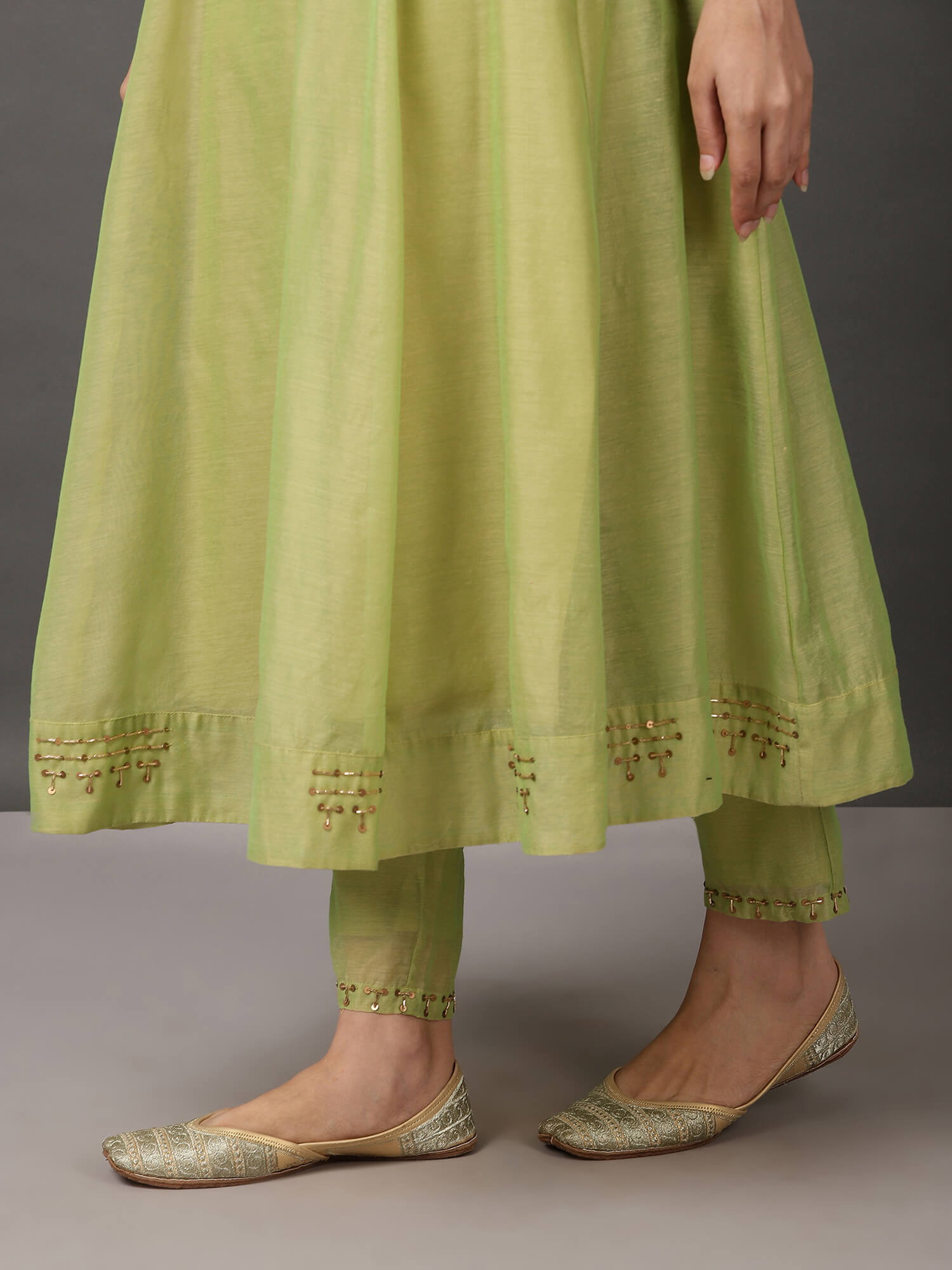 Lime Green Solid Kalidar Chanderi Kurta And Pant With Dupatta & camisole
