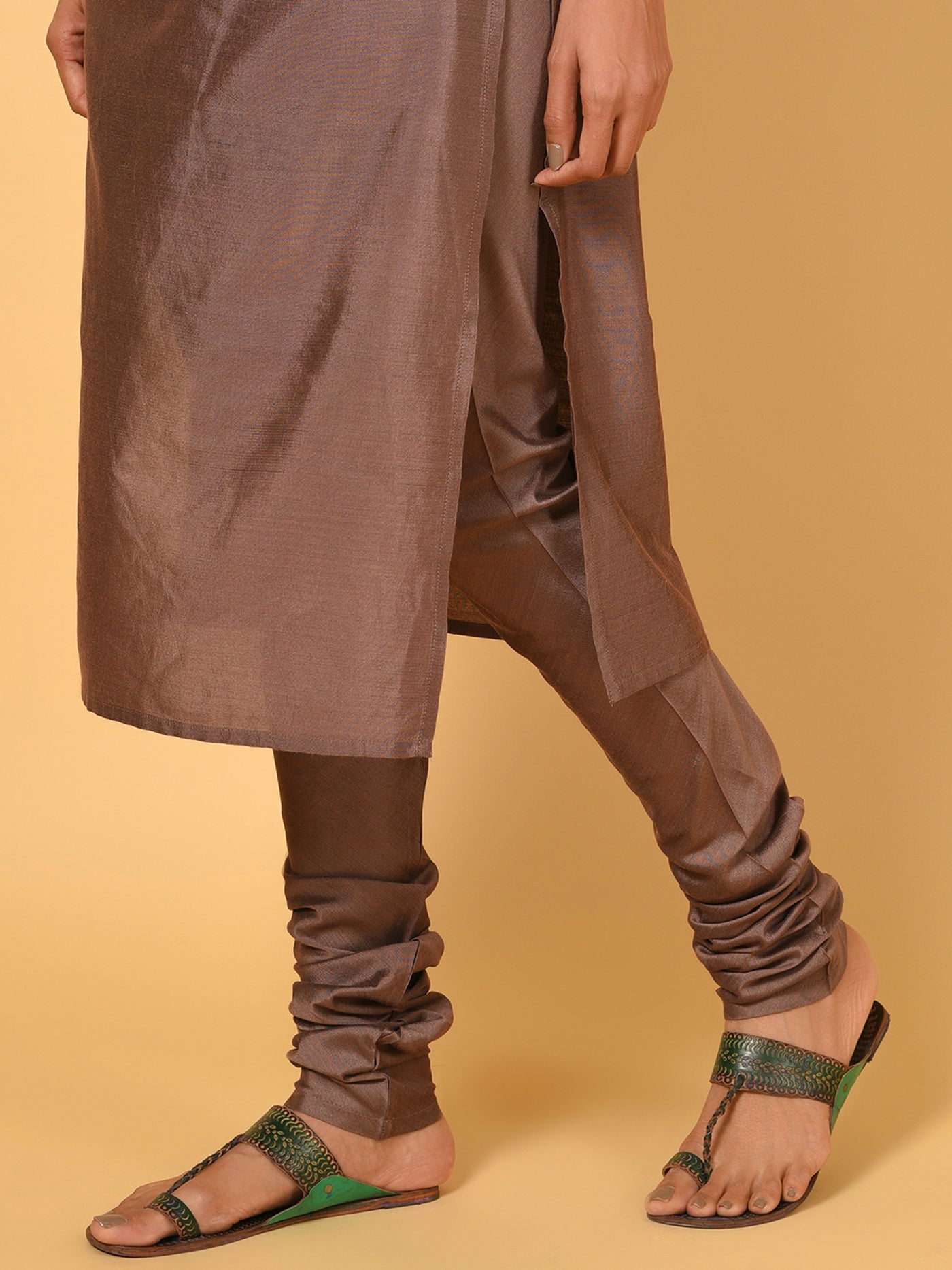 Classy straight Brown and Green Kurta churidar and jacket set