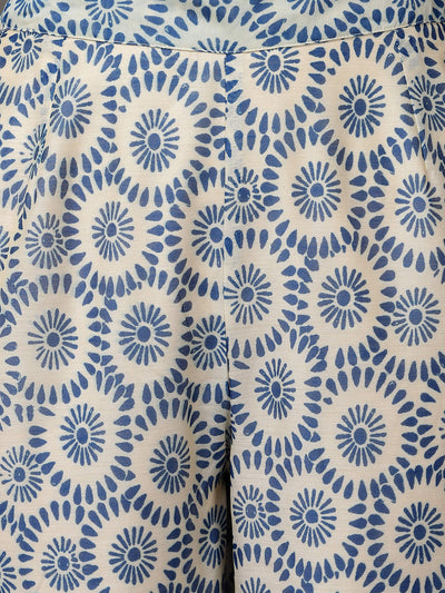 Blue & White Printed Chanderi Comfort Kurta & Pant With Inner