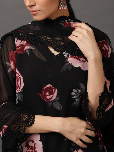 Black Short Floral Georgette Kurta And Pant With Dupatta & Camisole